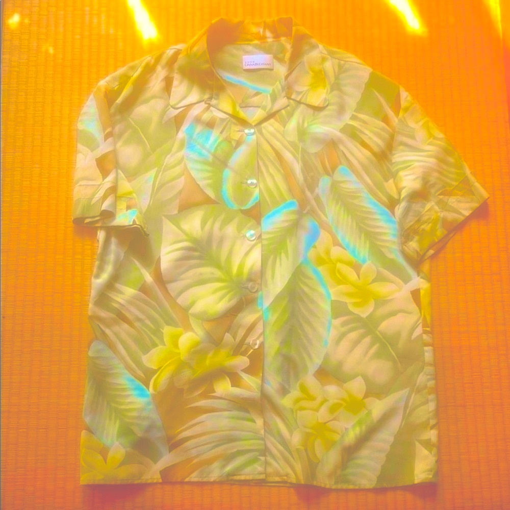 Dana Buckman Silk Leaf Print Shirt in Cream and Green
